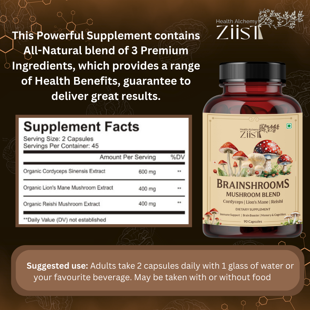 BrainShrooms Mushroom Blend 1200mg - 90 Capsules for Cognitive Support