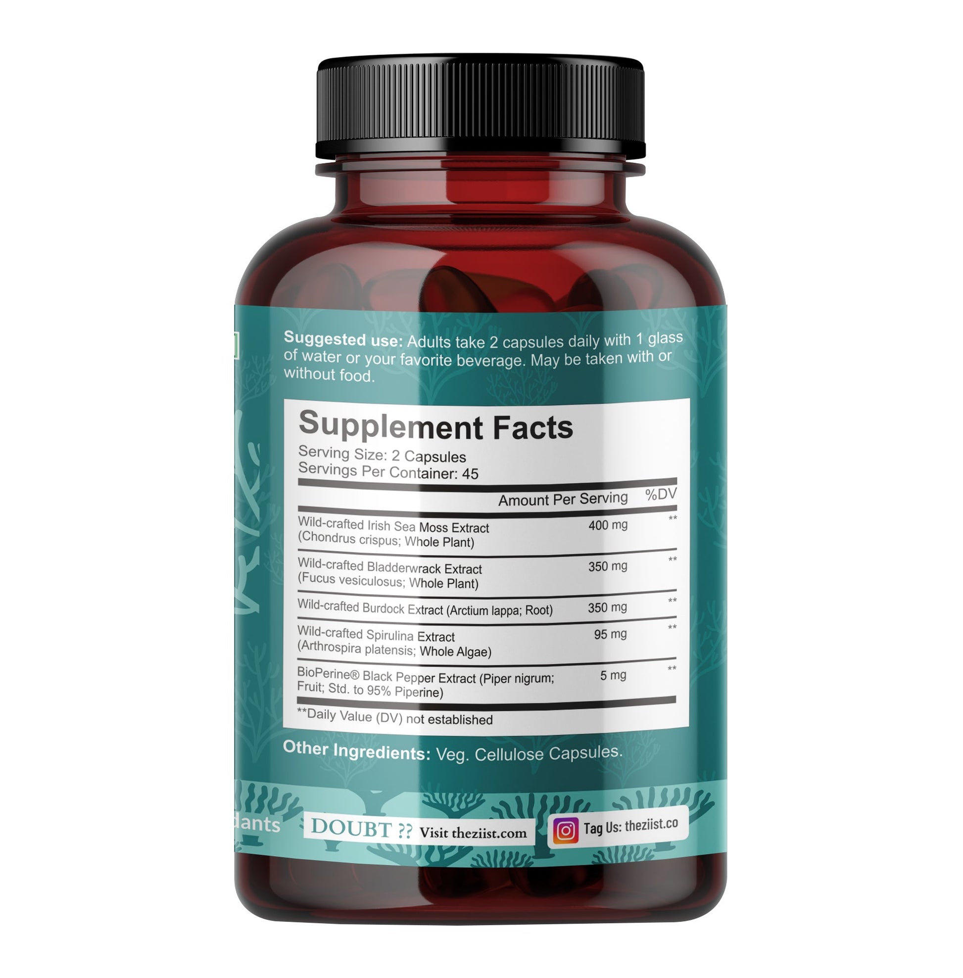 "Close-up of Wildcrafted Sea Moss 1200mg supplement bottle"