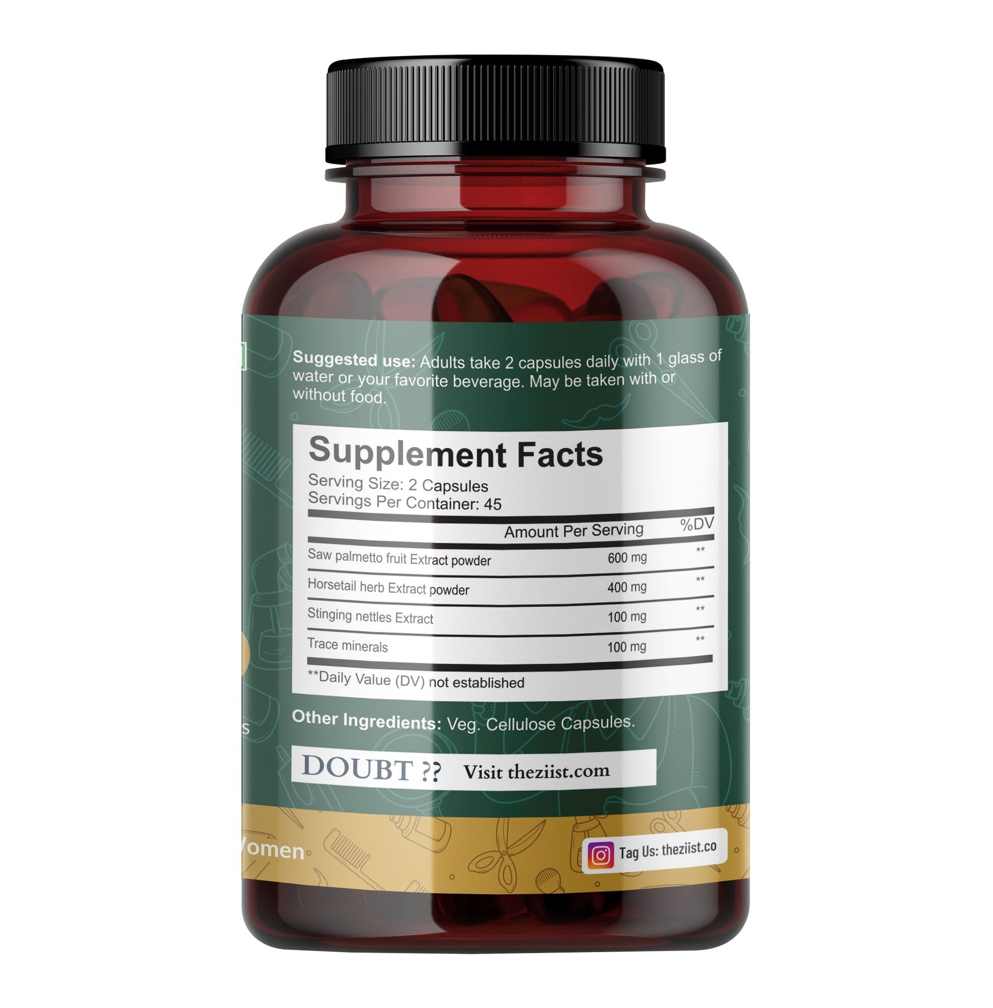 "Close-up of Saw Palmetto 1200mg supplement bottle"