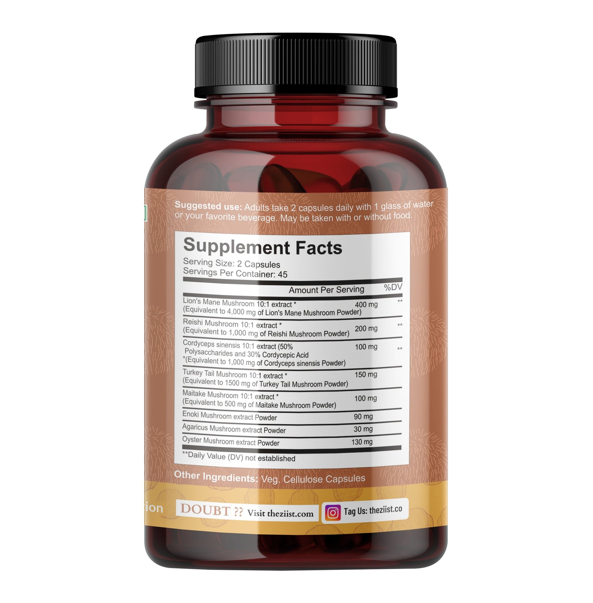"Close-up of Lion's Mane Mushroom Extract Capsules 1200mg on a table"