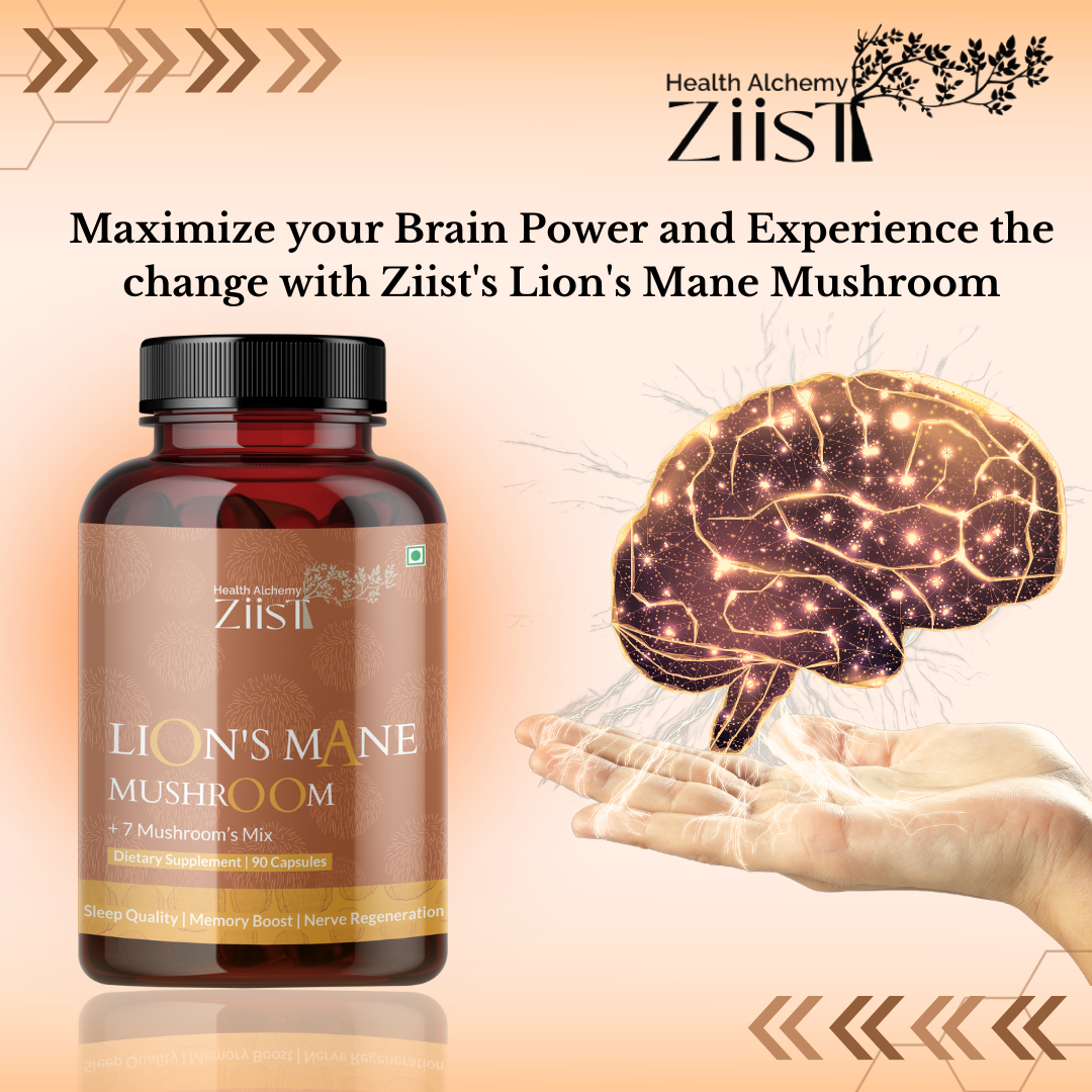 "Organic Lion's Mane Mushroom Extract Capsules 1200mg displayed with a notebook"
