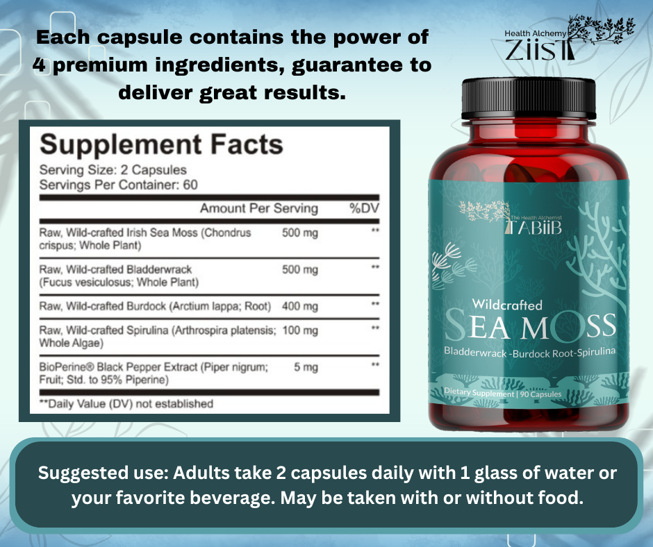 "Nutritional benefits of Wildcrafted Sea Moss 1200mg highlighted"