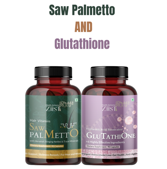 Men's hair loss combo pack with Saw Palmetto ( with horsetail herb, stinging nettles ) and Glutathione ( with Resveratrol, Hyaluronic acid, ALA )  – Stop Hair Loss, Boost Growth, and Restore Confidence