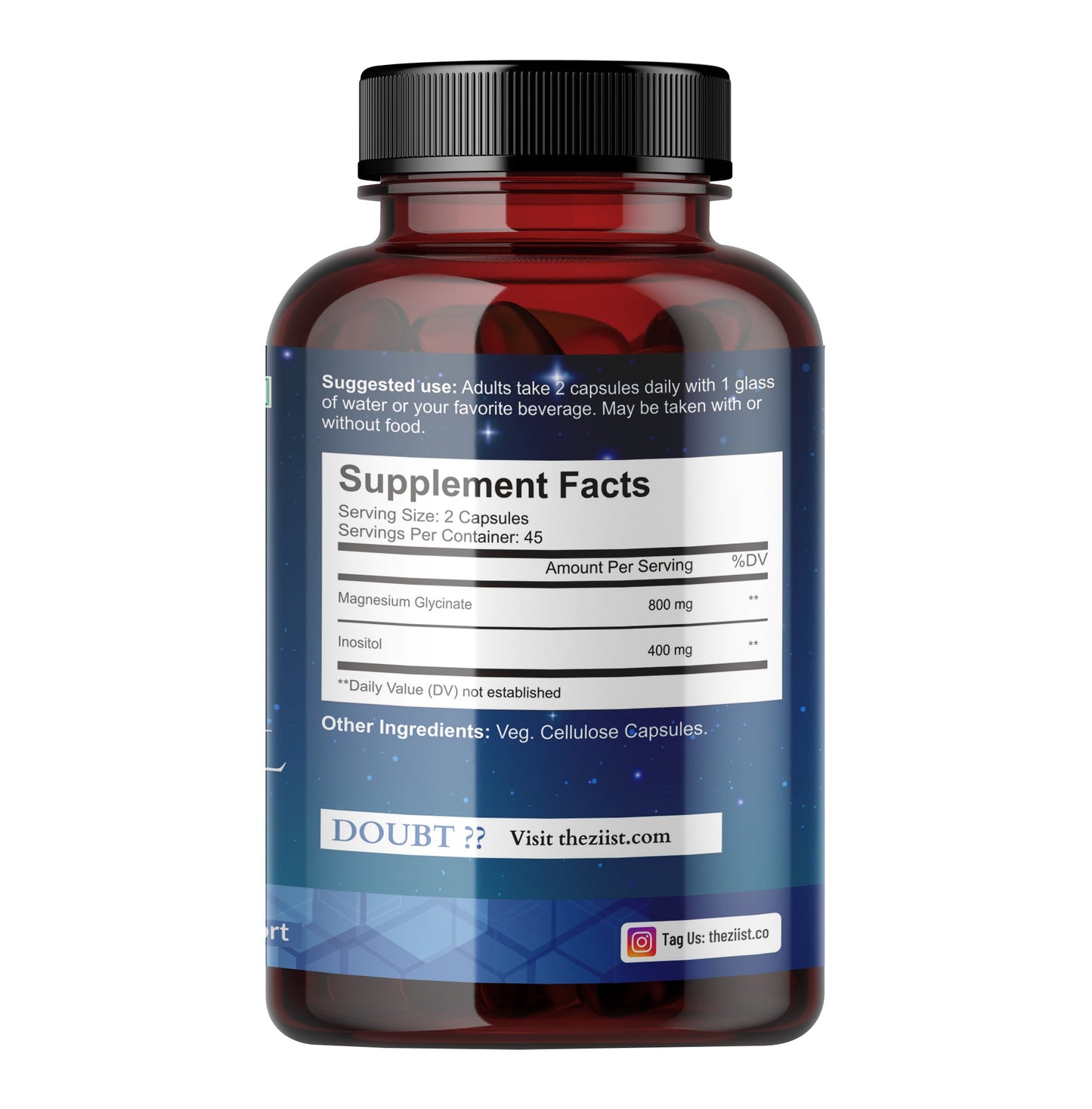 "Close-up of MG+INOSITOL 1200mg supplement bottle"