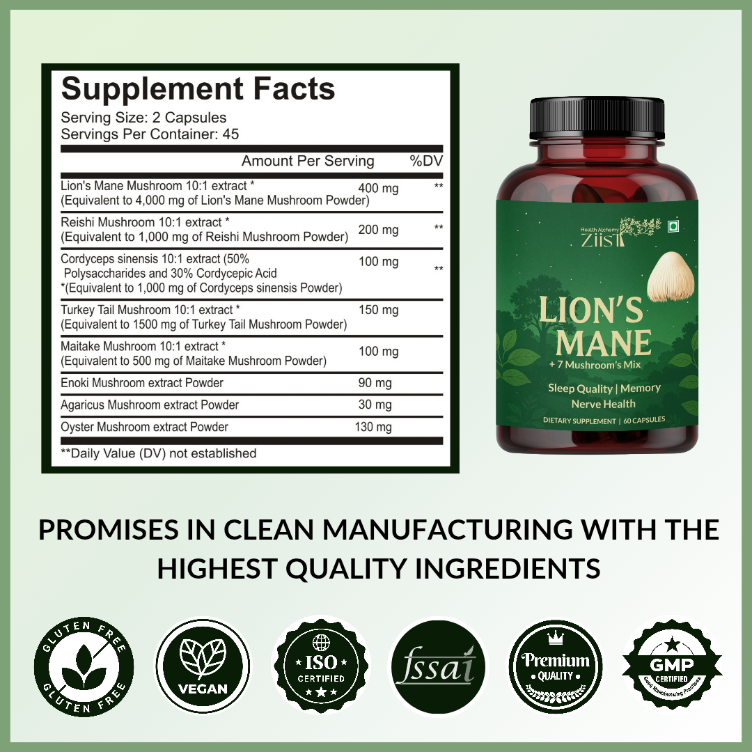 Lion's Mane Mushroom Extract Capsules 1200mg - Organic 7 Mushroom Blend