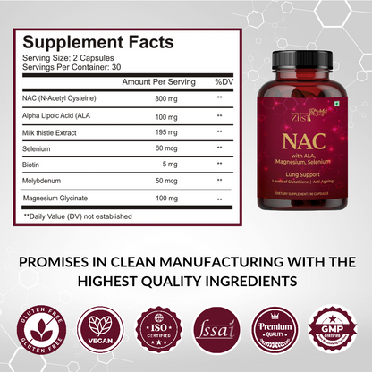 NAC ( N-Acetyl Cysteine ) with ALA, Magnesium, Selenium Dietary Supplement for gluathione production (60 capsules)