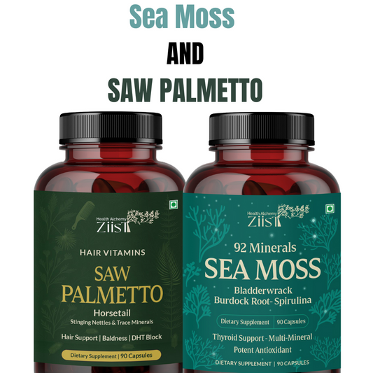 Hair fall solution pack with Saw Palmetto ( hair vitamins ) and Sea Moss (92 minerals) | block DHT | PCOD and hormone support |
